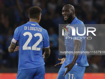 Romelu Lukaku of Napoli celebrates after scoring their first goal during the Serie A soccer match SSC Napoli - Parma Calcio at Stadio Marado...