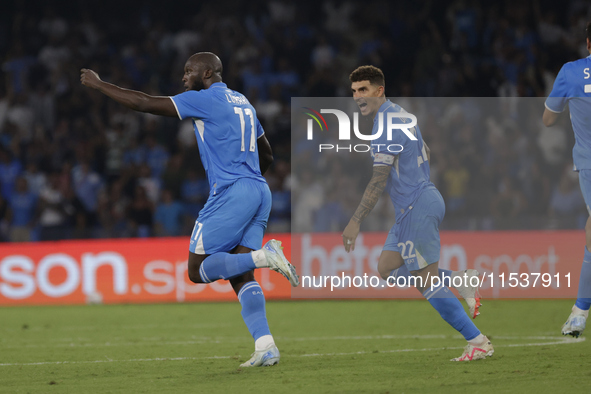 Romelu Lukaku of Napoli celebrates after scoring their first goal during the Serie A soccer match SSC Napoli - Parma Calcio at Stadio Marado...