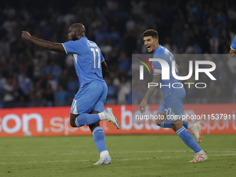 Romelu Lukaku of Napoli celebrates after scoring their first goal during the Serie A soccer match SSC Napoli - Parma Calcio at Stadio Marado...