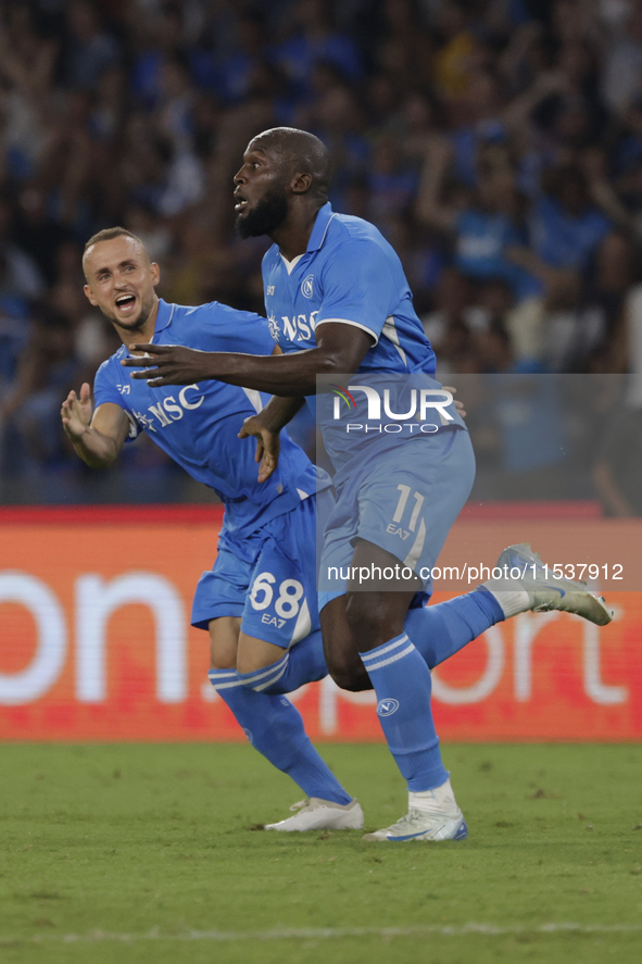 Romelu Lukaku of Napoli celebrates after scoring their first goal during the Serie A soccer match SSC Napoli - Parma Calcio at Stadio Marado...