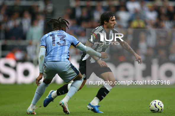 Newcastle United's Sandro Tonali takes on Tottenham Hotspur's Destiny Udogie during the Premier League match between Newcastle United and To...