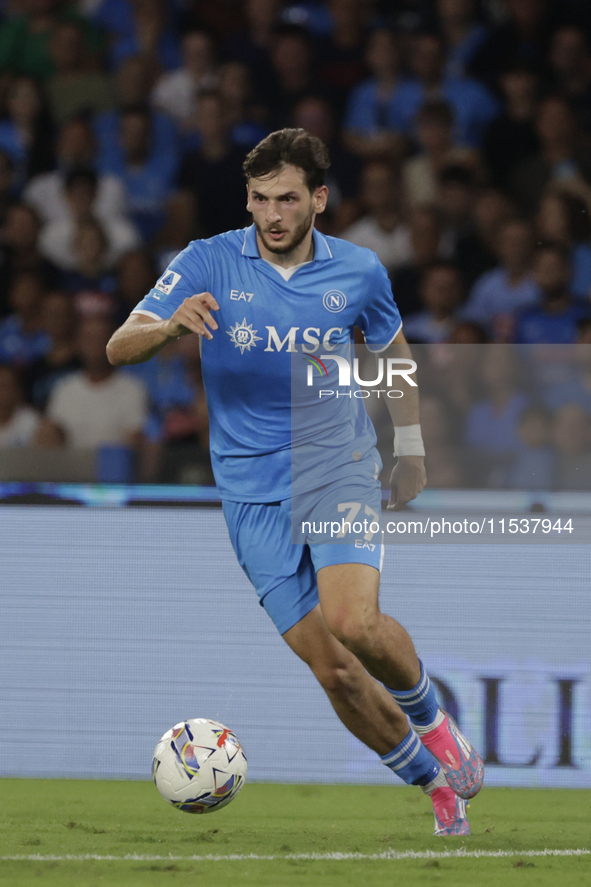 Khvicha Kvaratskhelia of Napoli is in action during the Serie A soccer match SSC Napoli vs. Parma Calcio at Stadio Maradona in Naples, Italy...