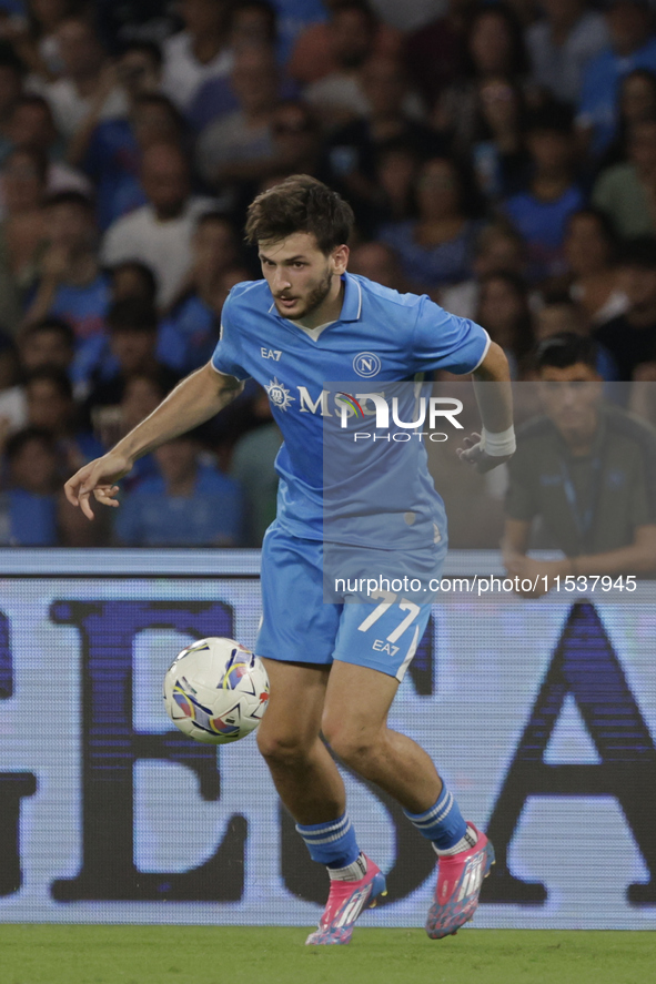 Khvicha Kvaratskhelia of Napoli is in action during the Serie A soccer match SSC Napoli vs. Parma Calcio at Stadio Maradona in Naples, Italy...