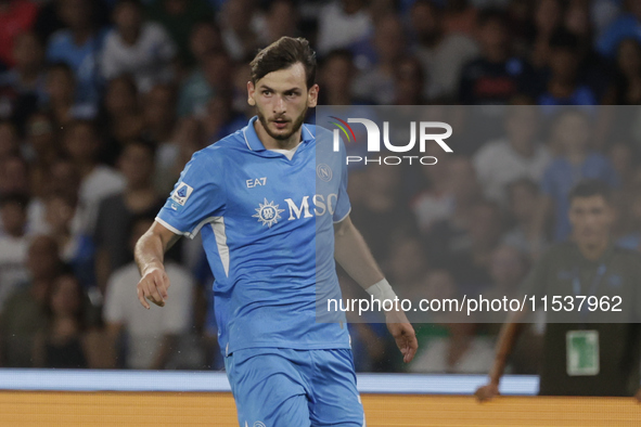 Khvicha Kvaratskhelia of Napoli looks on during the Serie A soccer match between SSC Napoli and Parma Calcio at Stadio Maradona in Naples, I...