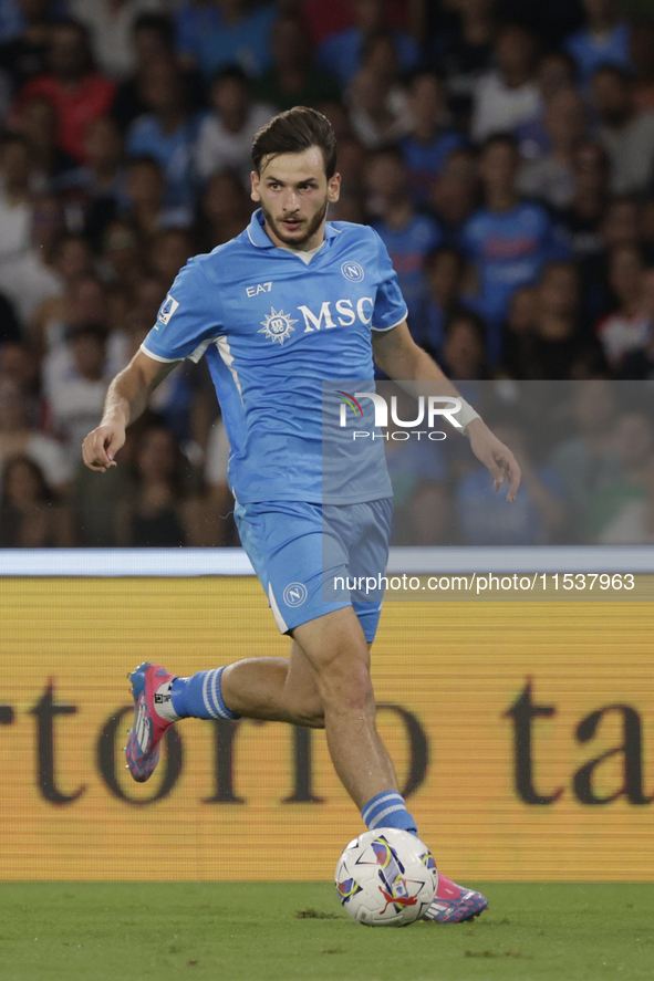 Khvicha Kvaratskhelia of Napoli controls the ball during the Serie A soccer match SSC Napoli vs. Parma Calcio at Stadio Maradona in Naples,...