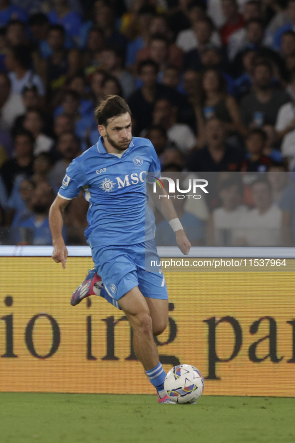 Khvicha Kvaratskhelia of Napoli controls the ball during the Serie A soccer match SSC Napoli vs. Parma Calcio at Stadio Maradona in Naples,...