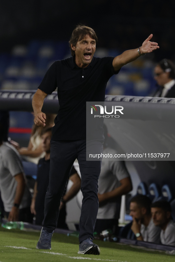 Antonio Conte, coach of Napoli, reacts during the Serie A soccer match between SSC Napoli and Parma Calcio at Stadio Maradona in Naples, Ita...