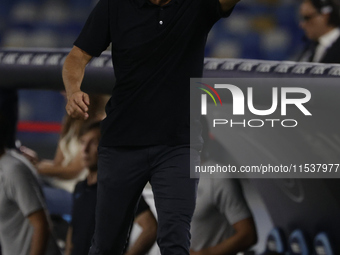 Antonio Conte, coach of Napoli, reacts during the Serie A soccer match between SSC Napoli and Parma Calcio at Stadio Maradona in Naples, Ita...