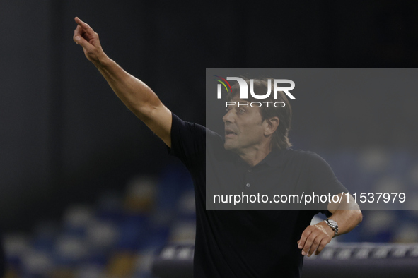 Antonio Conte, coach of Napoli, reacts during the Serie A soccer match between SSC Napoli and Parma Calcio at Stadio Maradona in Naples, Ita...