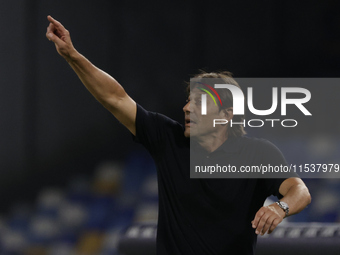 Antonio Conte, coach of Napoli, reacts during the Serie A soccer match between SSC Napoli and Parma Calcio at Stadio Maradona in Naples, Ita...