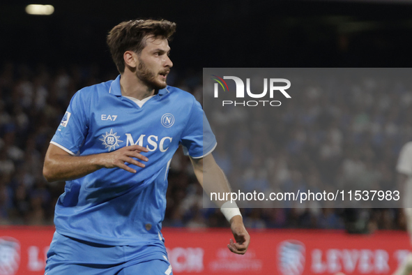 Khvicha Kvaratskhelia of Napoli looks on during the Serie A soccer match between SSC Napoli and Parma Calcio at Stadio Maradona in Naples, I...