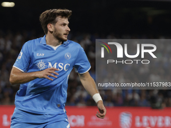 Khvicha Kvaratskhelia of Napoli looks on during the Serie A soccer match between SSC Napoli and Parma Calcio at Stadio Maradona in Naples, I...