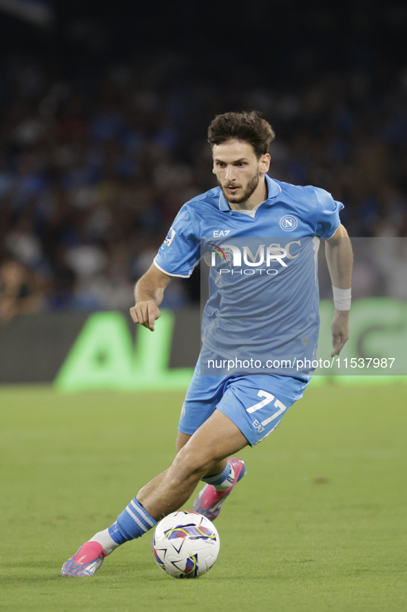 Khvicha Kvaratskhelia of Napoli controls the ball during the Serie A soccer match SSC Napoli vs. Parma Calcio at Stadio Maradona in Naples,...