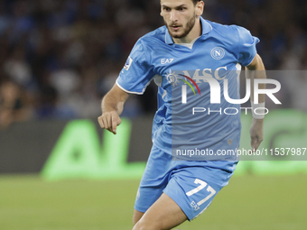 Khvicha Kvaratskhelia of Napoli controls the ball during the Serie A soccer match SSC Napoli vs. Parma Calcio at Stadio Maradona in Naples,...