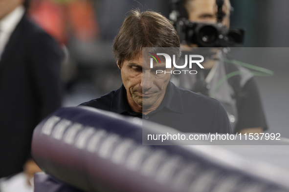 Antonio Conte coaches Napoli during the Serie A soccer match between SSC Napoli and Parma Calcio at Stadio Maradona in Naples, Italy, on Aug...