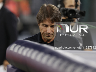 Antonio Conte coaches Napoli during the Serie A soccer match between SSC Napoli and Parma Calcio at Stadio Maradona in Naples, Italy, on Aug...