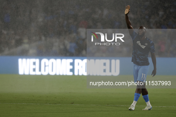 Romelu Lukaku of Napoli waves to fans before the Napoli vs. Parma Calcio match at Stadio Maradona in Naples, Italy, on August 31, 2024. 