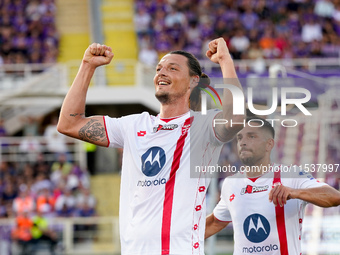 Milan Djuric of AC Monza celebrates after scoring first goal during the Serie A Enilive match between ACF Fiorentina and AC Monza at Stadio...