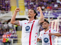 Milan Djuric of AC Monza celebrates after scoring first goal during the Serie A Enilive match between ACF Fiorentina and AC Monza at Stadio...