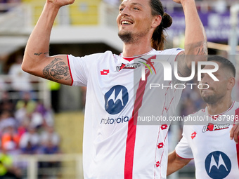 Milan Djuric of AC Monza celebrates after scoring first goal during the Serie A Enilive match between ACF Fiorentina and AC Monza at Stadio...