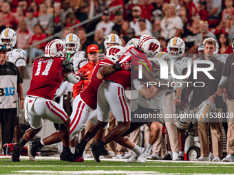 Wisconsin Badgers defense, led by Wisconsin Badgers linebacker Jaheim Thomas #7, swarms Western Michigan quarterback Hayden Wolff #11 at Cam...