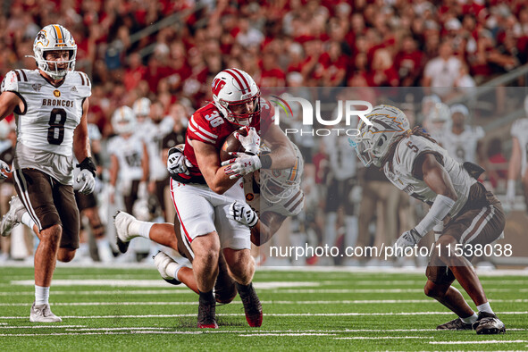 Wisconsin Badgers tight end Tucker Ashcraft #38 runs down the field after a catch against the Western Michigan Broncos at Camp Randall Stadi...