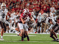 Wisconsin Badgers tight end Tucker Ashcraft #38 runs down the field after a catch against the Western Michigan Broncos at Camp Randall Stadi...