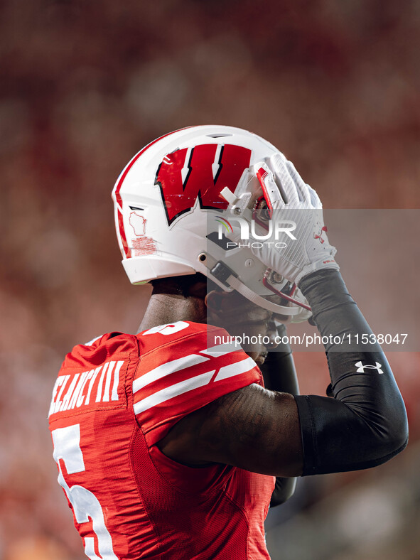 Wisconsin Badgers cornerback RJ Delancy III #5 is at Camp Randall Stadium in Madison, Wisconsin, on August 30, 2024. 