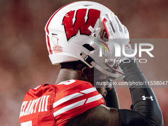 Wisconsin Badgers cornerback RJ Delancy III #5 is at Camp Randall Stadium in Madison, Wisconsin, on August 30, 2024. (