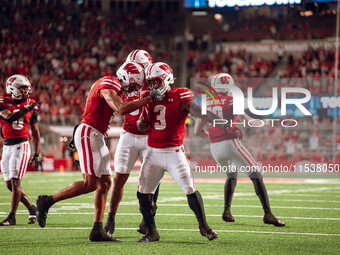 Wisconsin Badgers running back Tawee Walker #3 celebrates a touchdown against the Western Michigan Broncos at Camp Randall Stadium in Madiso...