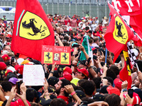 Tifosi celebrate after Charles Leclerc of Ferrari wins the Italian Formula One Grand Prix at Autodromo Nazionale Monza circuit, in Monza on...