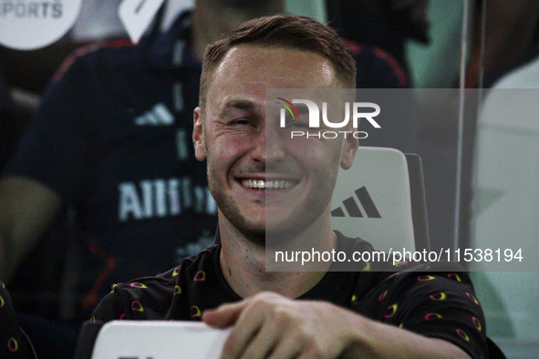 Juventus midfielder Teun Koopmeiners (8) waits on the bench during the Serie A football match number 3 between Juventus and Roma in Turin, P...