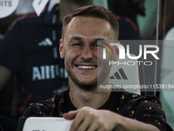 Juventus midfielder Teun Koopmeiners (8) waits on the bench during the Serie A football match number 3 between Juventus and Roma in Turin, P...