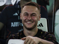 Juventus midfielder Teun Koopmeiners (8) waits on the bench during the Serie A football match number 3 between Juventus and Roma in Turin, P...