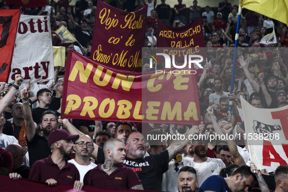 Roma supporters cheer during the Serie A football match number 3, Juventus vs. Roma, in Turin, Piedmont, Italy, on September 1, 2024, at the...