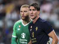 Juventus goalkeeper Michele Di Gregorio (29) and Juventus forward Dusan Vlahovic (9) look on during the Serie A football match n.3 Juventus...