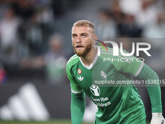 Juventus goalkeeper Michele Di Gregorio (29) looks on during the Serie A football match number 3 between Juventus and Roma in Turin, Piedmon...