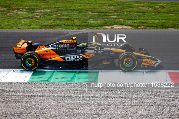 Lando Norris of McLaren drives a car on the track during the Italian Formula One Grand Prix at Autodromo Nazionale Monza circuit, in Monza o...