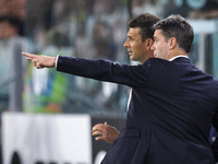 Juventus coach Thiago Motta talks with the Juventus assistant coach during the Serie A football match number 3 between Juventus and Roma in...