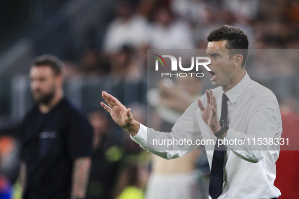 Juventus coach Thiago Motta gestures during the Serie A football match number 3 between Juventus and Roma in Turin, Piedmont, Italy, on Sept...