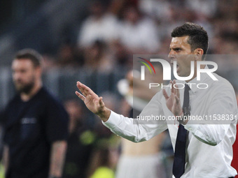 Juventus coach Thiago Motta gestures during the Serie A football match number 3 between Juventus and Roma in Turin, Piedmont, Italy, on Sept...