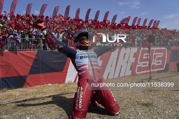 Marc Marquez (93) of Spain and Gresini Racing Moto GP Ducati celebrates victory after the race day of the Gran Premio GoPro de Aragon at Mot...