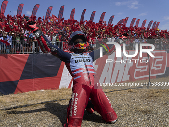 Marc Marquez (93) of Spain and Gresini Racing Moto GP Ducati celebrates victory after the race day of the Gran Premio GoPro de Aragon at Mot...