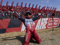 Marc Marquez (93) of Spain and Gresini Racing Moto GP Ducati celebrates victory after the race day of the Gran Premio GoPro de Aragon at Mot...