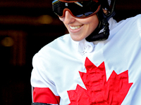 Jockey Cheyenne Kerr leaves the paddock ahead of the first race at Woodbine Racetrack in Toronto, Canada, on September 1, 2024. (