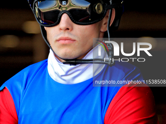 Jockey Fraser Aebly leaves the paddock ahead of the first race at Woodbine Racetrack in Toronto, Canada, on September 1, 2024. (