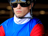 Jockey Fraser Aebly leaves the paddock ahead of the first race at Woodbine Racetrack in Toronto, Canada, on September 1, 2024. (