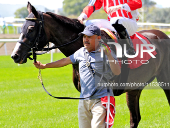 Jockey Austin Adams rides Morning Holiday to the winner's circle after a win in the first race at Woodbine Racetrack in Toronto, Canada, on...