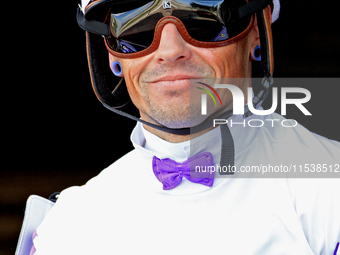 Jockey Justin Stein leaves the paddock ahead of the second race at Woodbine Racetrack in Toronto, Canada, on September 1, 2024. (