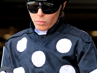 Jockey Emma-Jayne Wilson leaves the paddock ahead of the second race at Woodbine Racetrack in Toronto, Canada, on September 1, 2024. (